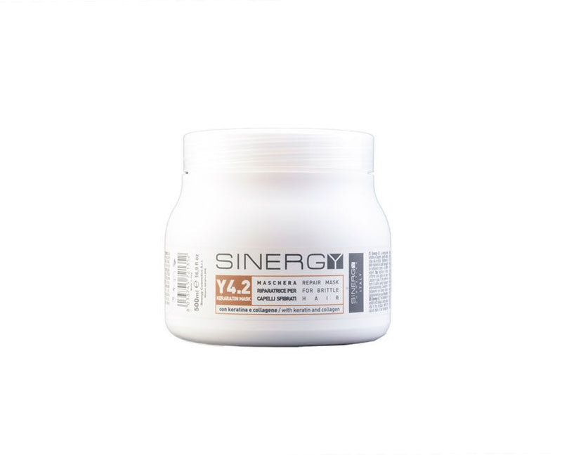 SINERGY COSMETICS Y4.2 KERATIN MASK - RIPARATORE PER CAPELLI SFIBRATI - RECONSTRUCTION SYSTEM - 500 ml CON CHERATINA E COLLAGENE NATURALE